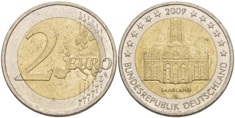 ФРГ 2 евро 2009 G, серия Федеральные земли, Саарланд, церковь Святого Людвига в Саарбрюккене KM 276 биметалл 4543-444