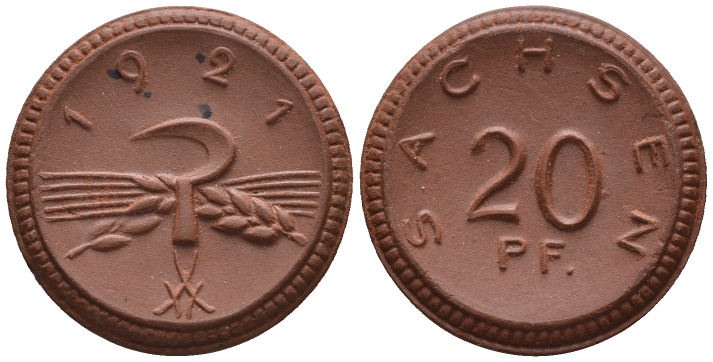 Саксония 20 пфеннигов 1921 колосья и серп J. N 53 фарфор UNC 1094-9-14