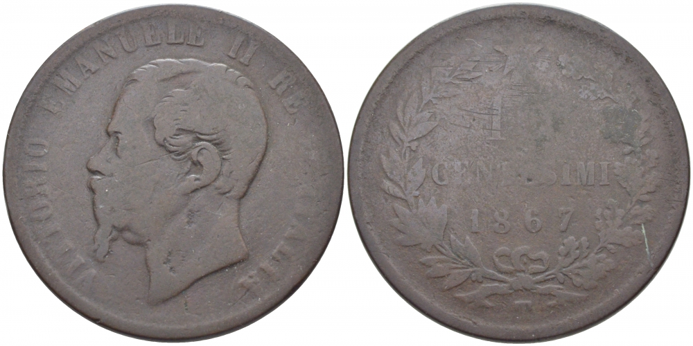 Италия 10 чентезимо 1867 T, Виктор Эммануил II (1861-1878) KM 11.6 медь 114-631