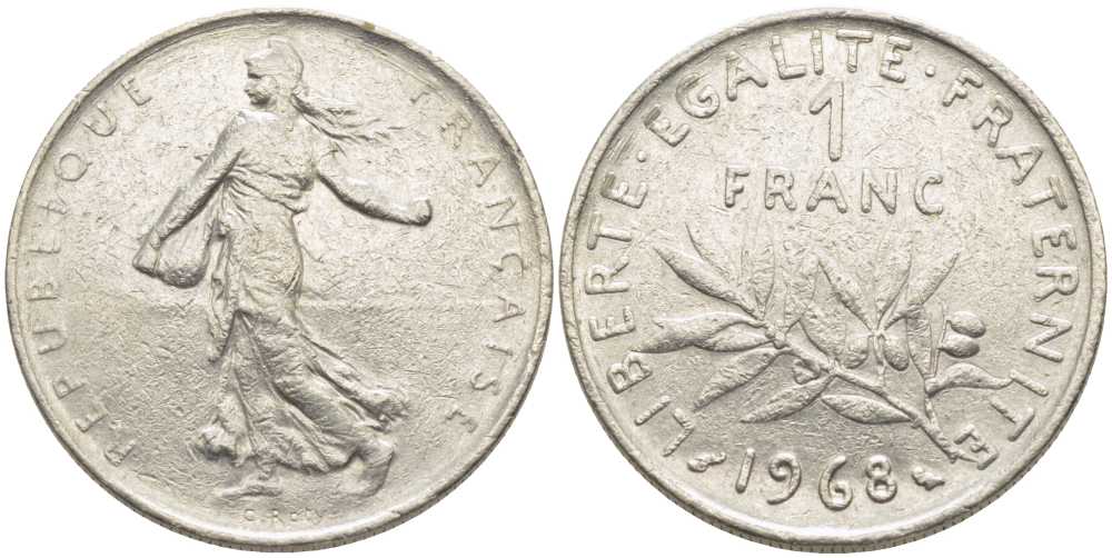 ФРАНЦИЯ 1 ФРАНК 1968 СЕЯТЕЛЬ KM 925.1, LE FRANC 226.13 никель 175-525