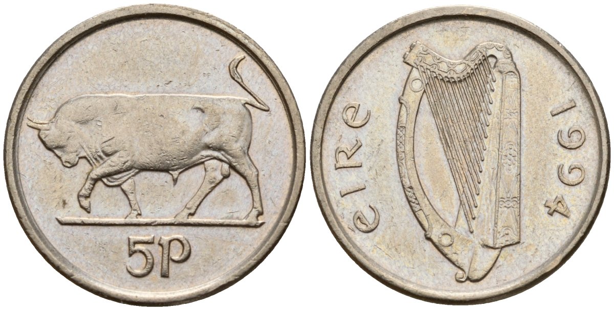 Ирландия 5 пенсов 1994 бык KM 28 медно-никель 4174-853