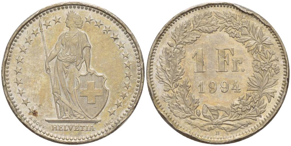 ШВЕЙЦАРИЯ 1 ФРАНК 1994 В KM 24а.3 медно-никель 4551-855