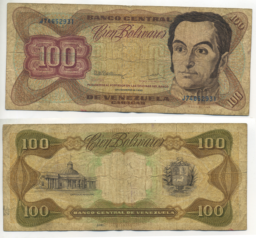 ВЕНЕСУЭЛА 100 БОЛИВАРОВ 1992 СЕРИЯ J, 8 ДЕКАБРЯ 1992 Pick 66е бумага 6279-28-1-2