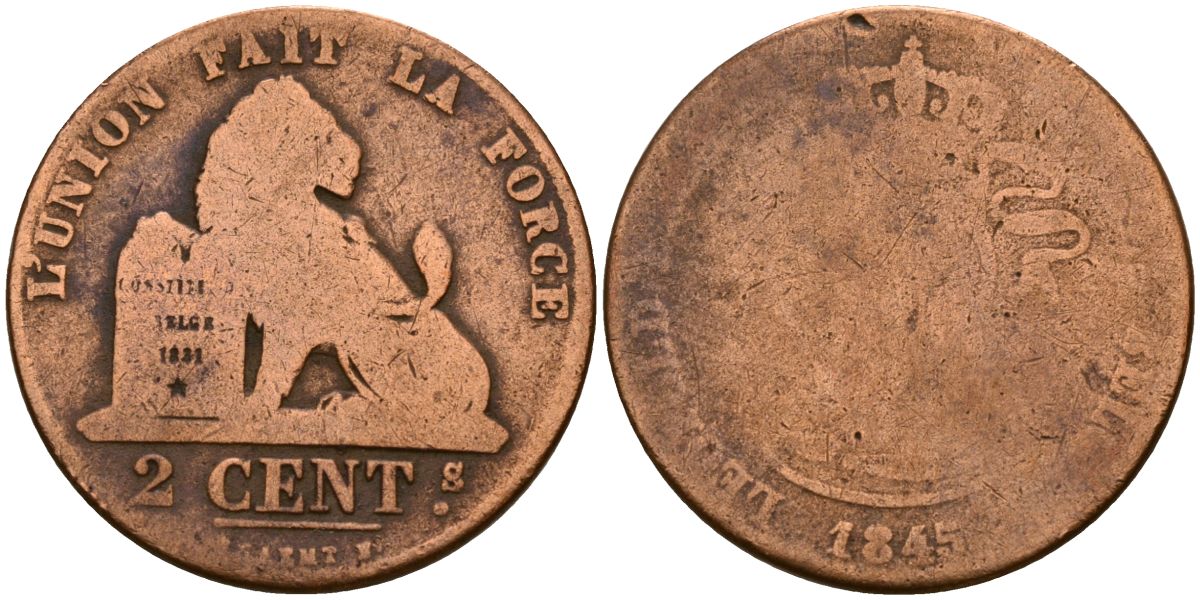 Бельгия 2 сантима 1845 KM 4 медь 190-827