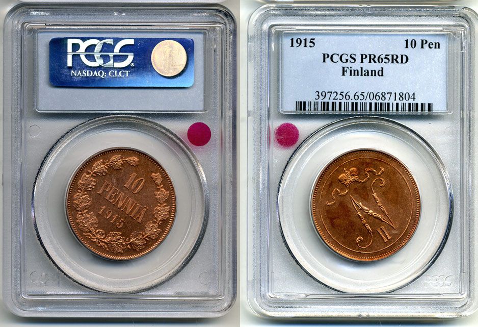 Россия для Финляндии 10 пенни 1915 в слабе PCGS PROOF 65 Биткин 438 медь PROOF 00-000-00