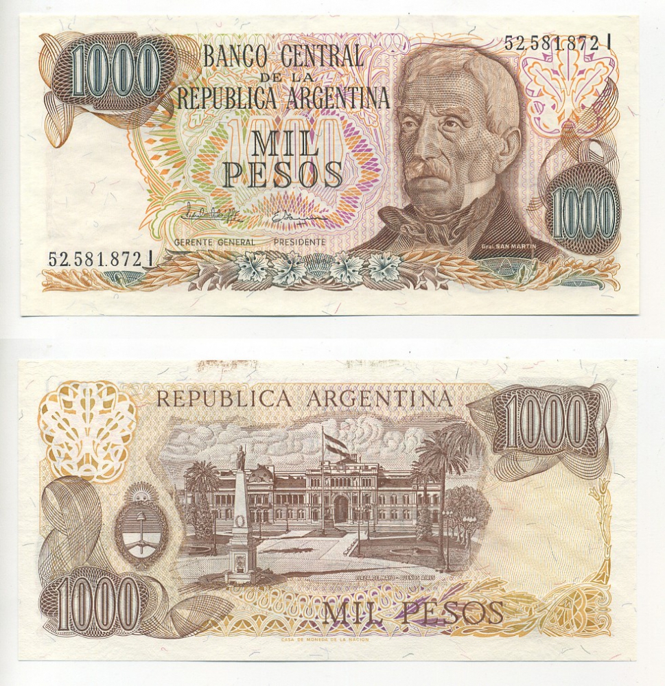 Аргентина 1000 песо 1982 серия I 52582, Генерал Сан Мартин Pick 304d бумага UNC (пресс) 7551-12-2-2