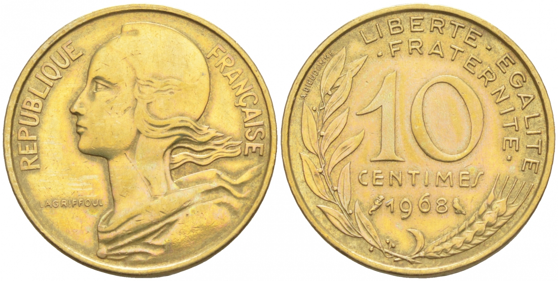 ФРАНЦИЯ 10 САНТИМОВ 1968 ТИП MARIANNE KM 929, LE FRANC 144.8 алюминиевая бронза 44-969