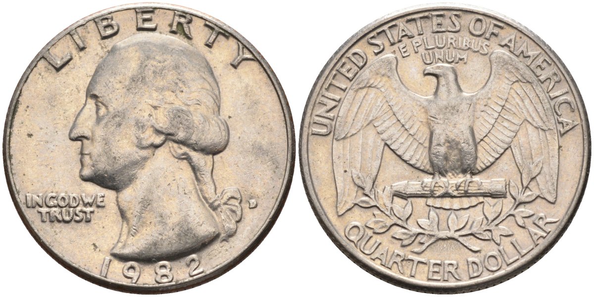 США 25 центов = квотер 1982 D, Вашингтон KM A164a медь плакированная медно-никелем 4584-1134