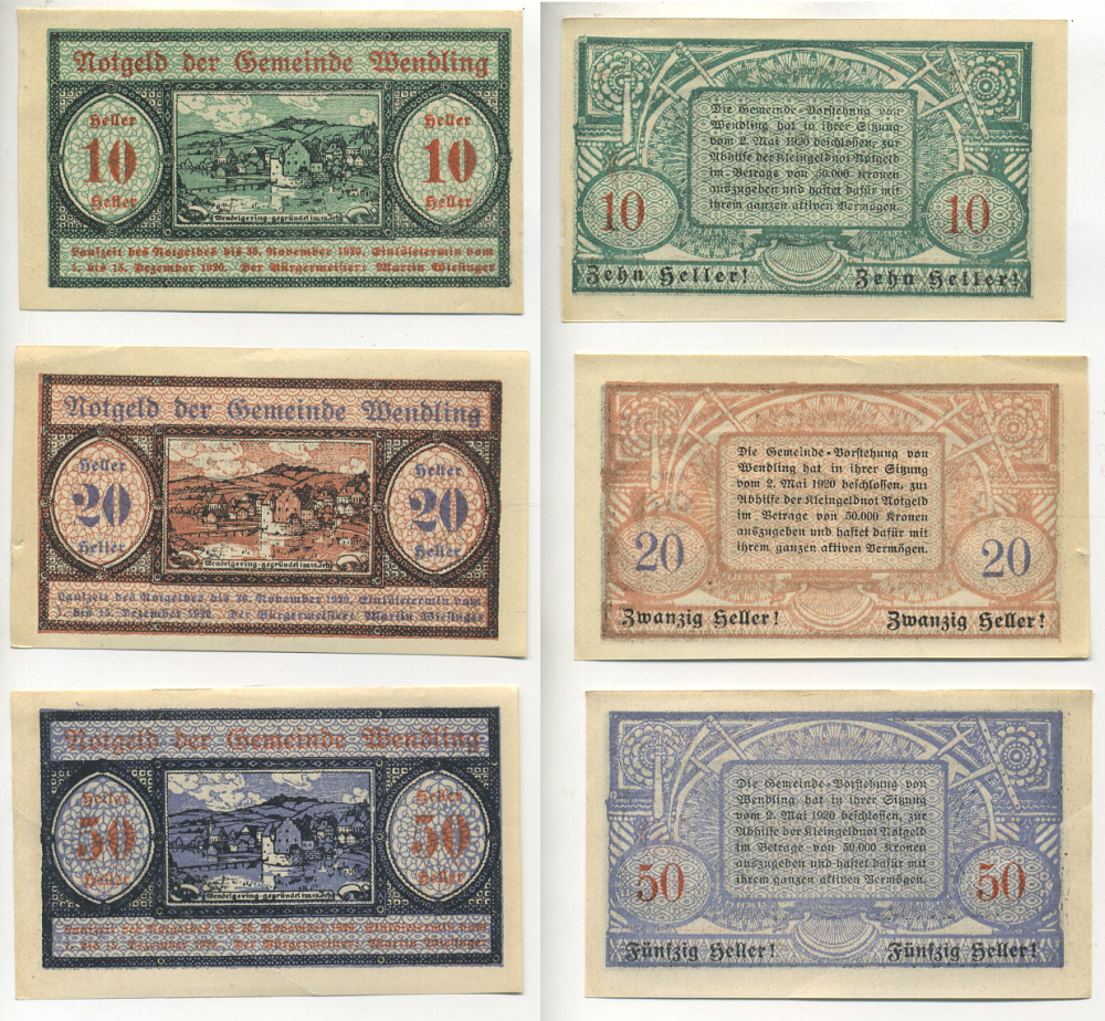 Австрия набор из 3 банкнот 1920 30 ноября 1920-15 декабря 1920, нотгельд, 10, 20, 50 геллеров, WENDLING   бумага  XF 7555-6-2-1