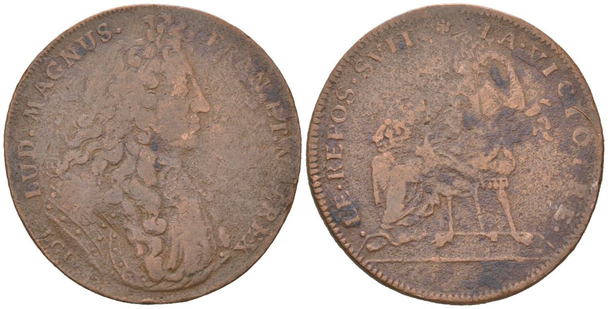 Франция жетон "Регенсбургское перемирие" 1684 Людовик XIV, Людовик XIV - Регенсбургское перемирие - За победой следует отдых, диаметр 26 мм, вес 1,68 гр Feuardent 12727 4044-331