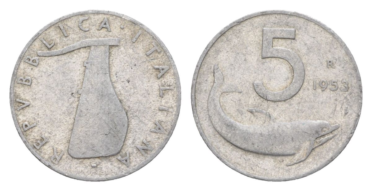 Италия 5 чентезимо 1953 R, дельфин, плуг KM 92 алюминий 4627-1211