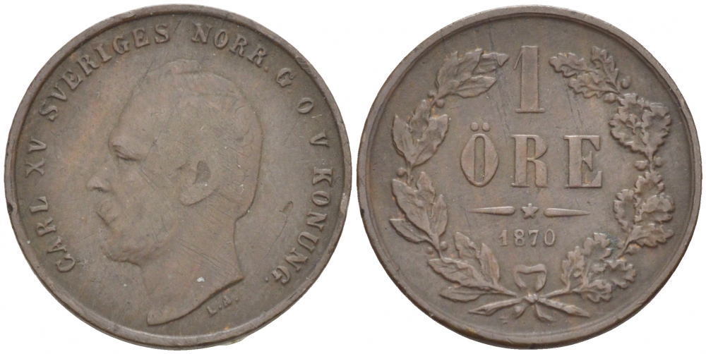 Швеция 1 эре 1870 Карл XV (1859-1872) KM 705 (490) бронза 3309-764