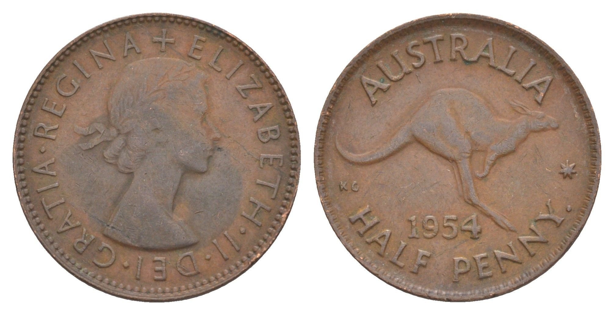 Австралия 1/2 пенни 1954 p, Елизавета II (1952-2022), кенгуру KM 49 бронза 4187-1217
