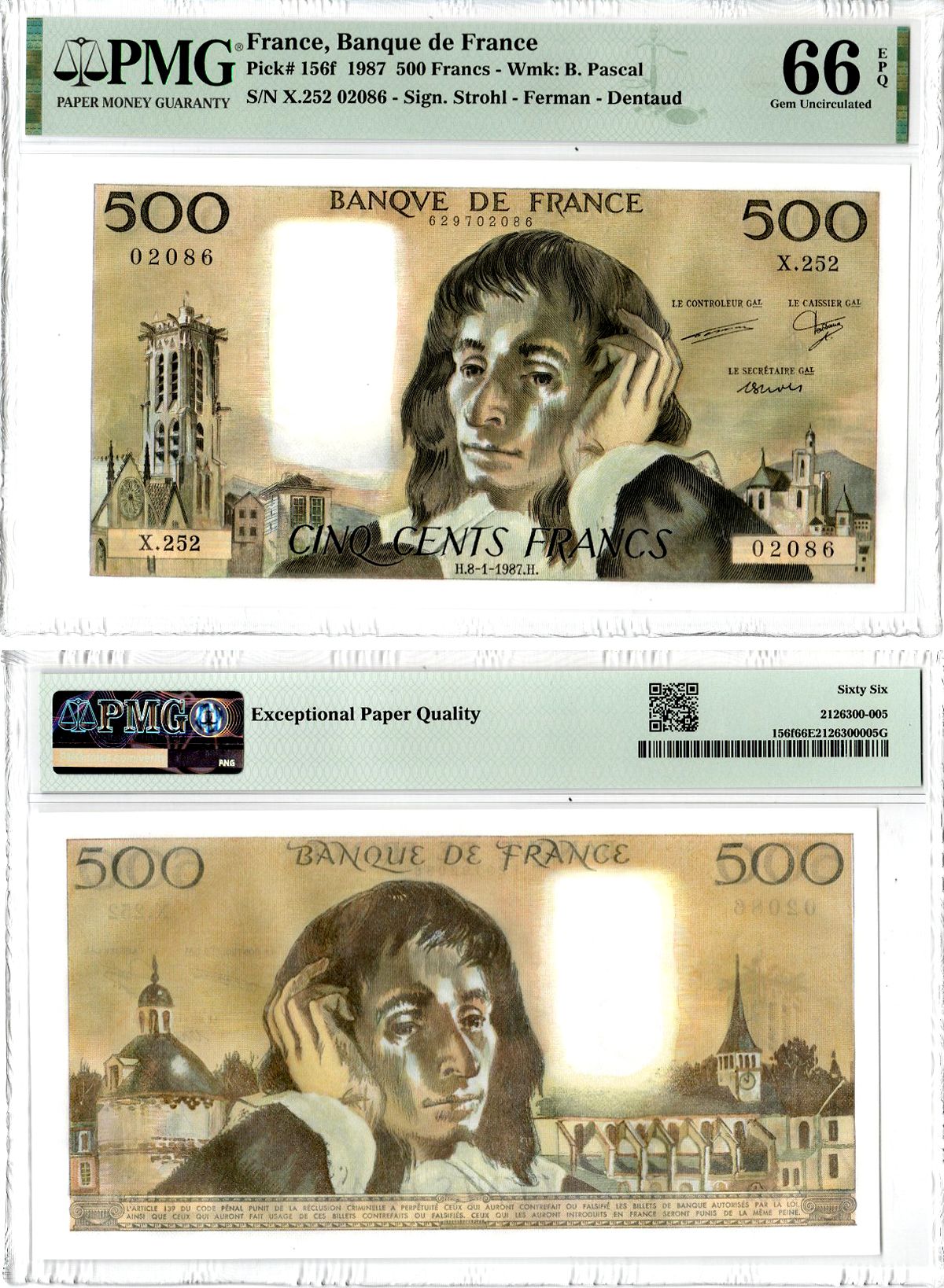 Франция 500 франков 1987 в слабе PMG 66 (Gem Uncirculated), Блез Паскаль, башня Сен-Жак (Париж), дата 08.01.1987 Pick 156 f бумага UNC (пресс) 452-2-126
