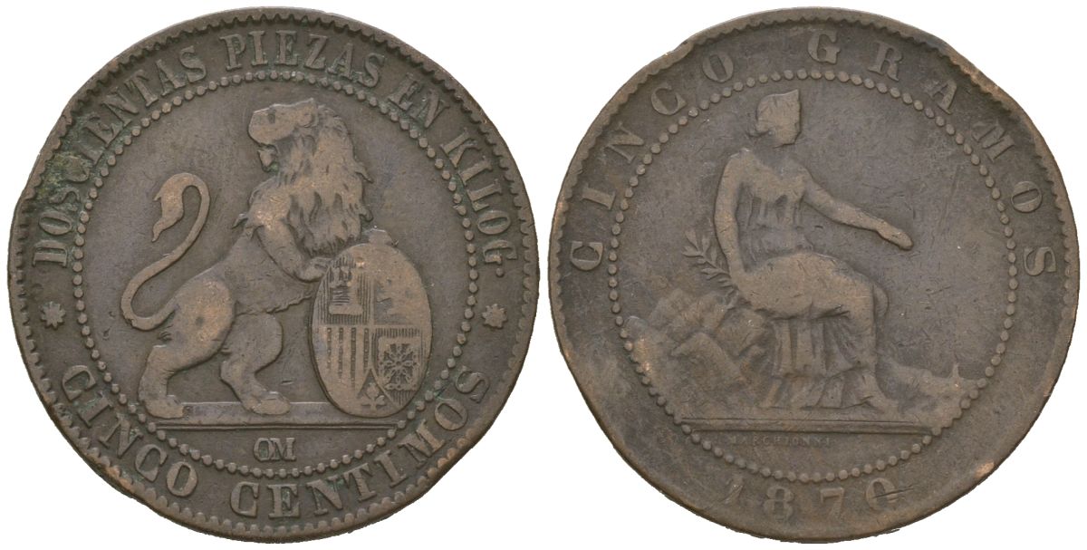 Испания 5 сентимо 1870 ОМ, лев со щитом KM 662 бронза 92-1026