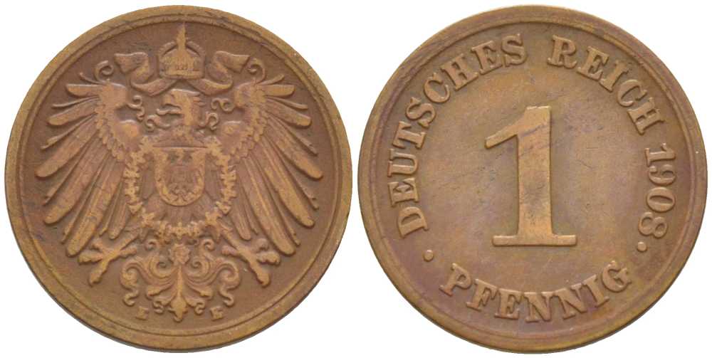 ГЕРМАНИЯ 1 ПФЕННИГ 1908 E KM 10, J. 10, Weege 2 медь 211-365