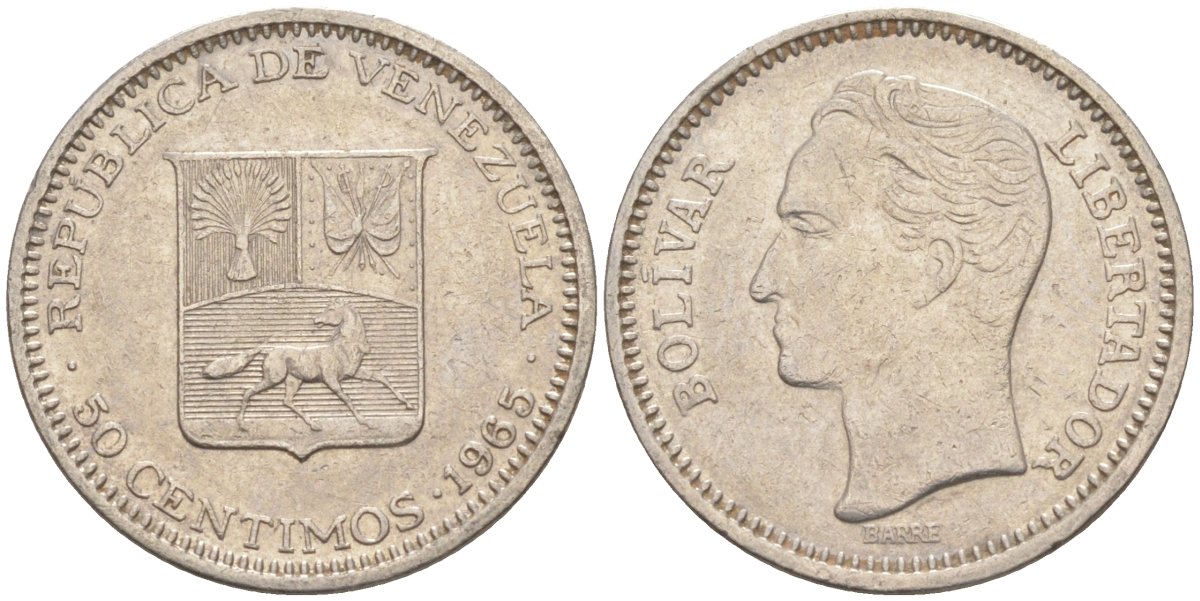 Венесуэла 50 сентимо 1965 Симон Боливар KM 41, Schon 51 никель 186-823