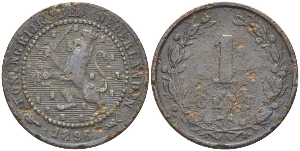 Нидерланды 1 цент 1896 Вильгельмина (1890-1948) KM 107 бронза 218-1244