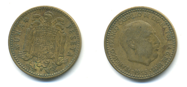 Испания 1 песета 1953 (56) Франциско Франко (1939-1975) KM 775 алюминиевая бронза 83-241