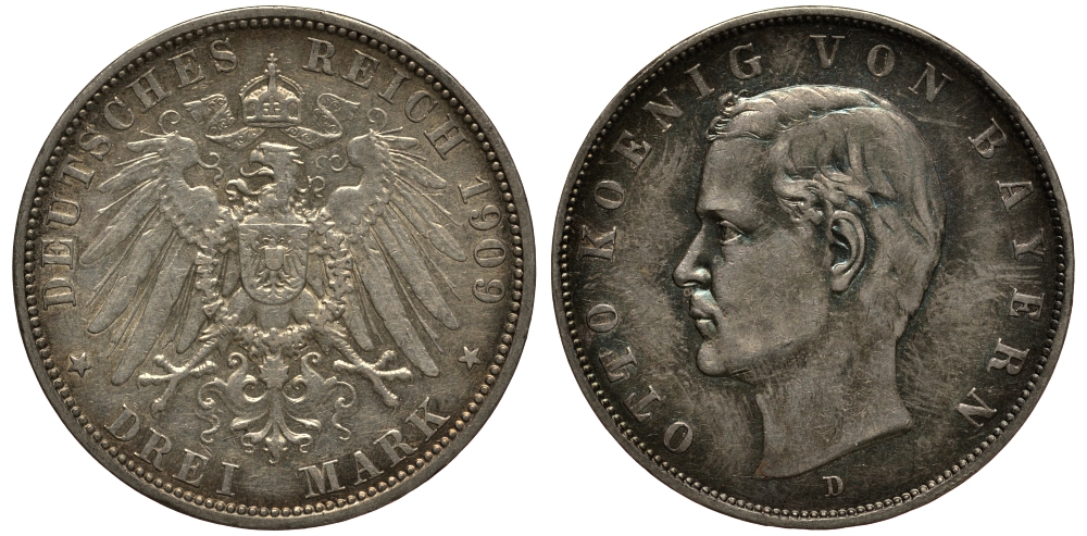 Бавария 3 марки 1909 Отто (1886-1913) Weege 45, J. 47, KM 515 серебро 3711-1923