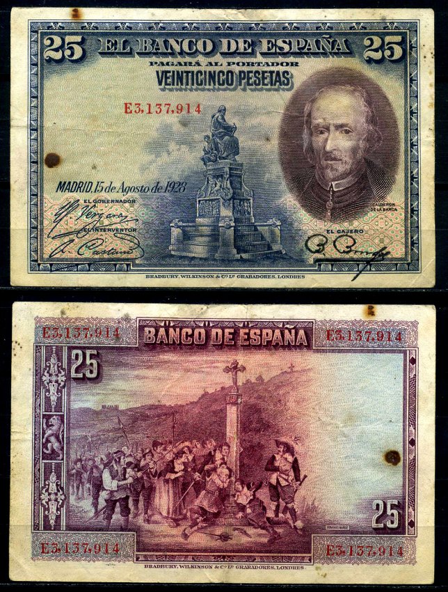 Испания 25 песет 1928 серия, Пьедро Кальдерон де ла Барка Pick 74b бумага 7203-53-3-2