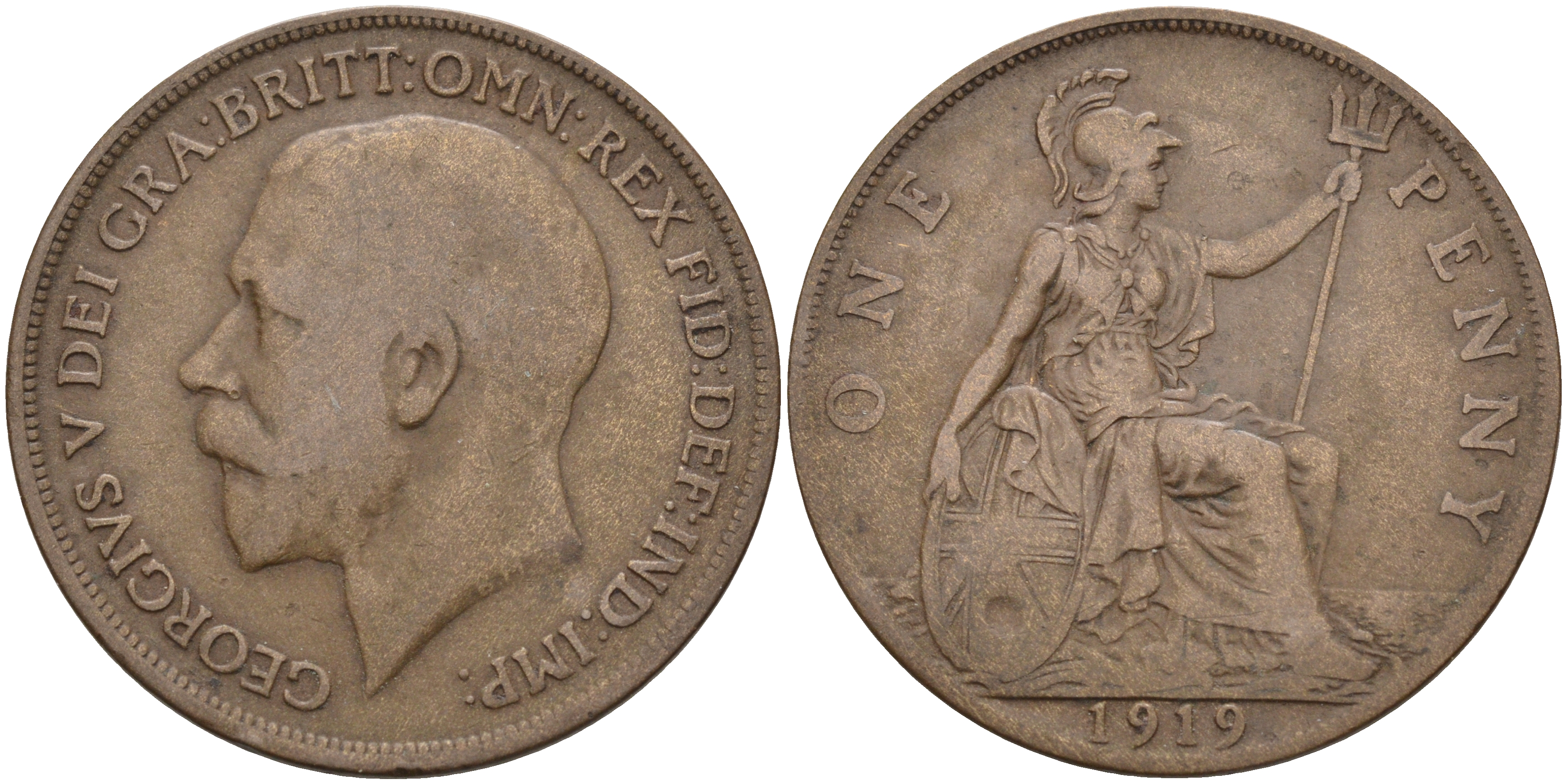 Великобритания 1 пенни 1919 Георг V (1910-1936) KM 810, Spink 4051 бронза 4590-1211
