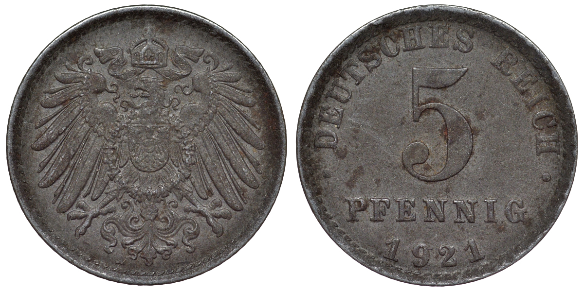 Германия 5 пфеннигов 1921 A KM 19, J. 297, Weege 5 железо 4118-1132
