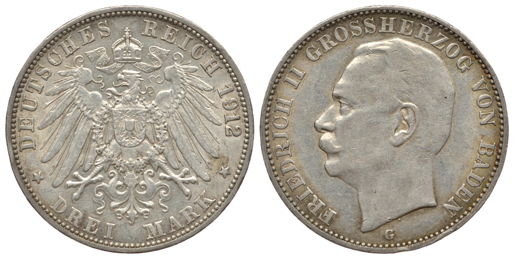 Баден 3 марки 1912 Фридрих II (1907-1918) J. 39, KM 280 серебро 413-832