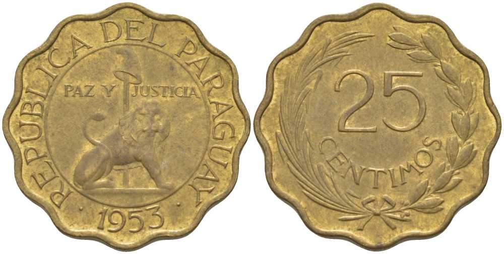 Парагвай 25 сентимо 1953 лев, фригийский колпак на шесте KM 27 алюминиевая бронза aUNC 56-323