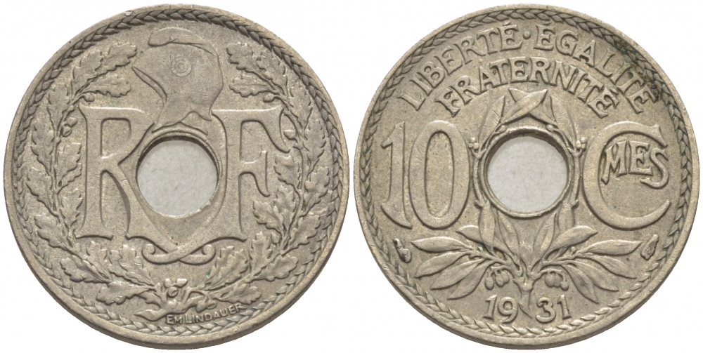 ФРАНЦИЯ 10 САНТИМОВ 1931 ТИП ЛИНДАЙЁ KM 866а, LE FRANC 138.18 медно-никель 4448-226