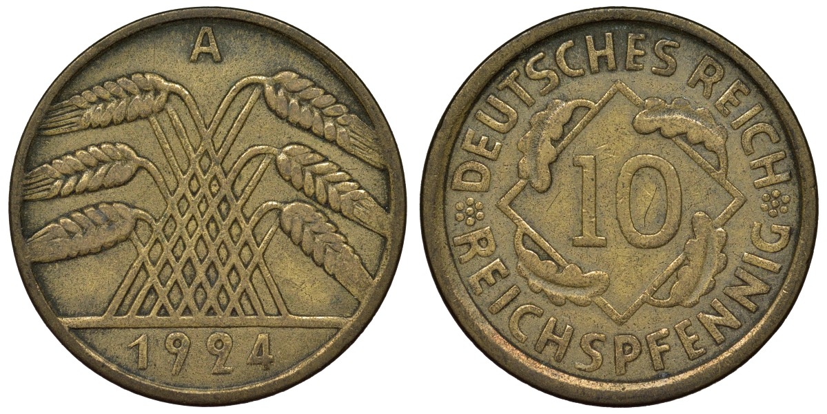 Германия 10 рейхспфеннигов 1924 A KM 40, J. 317 алюминиевая бронза 4121-854
