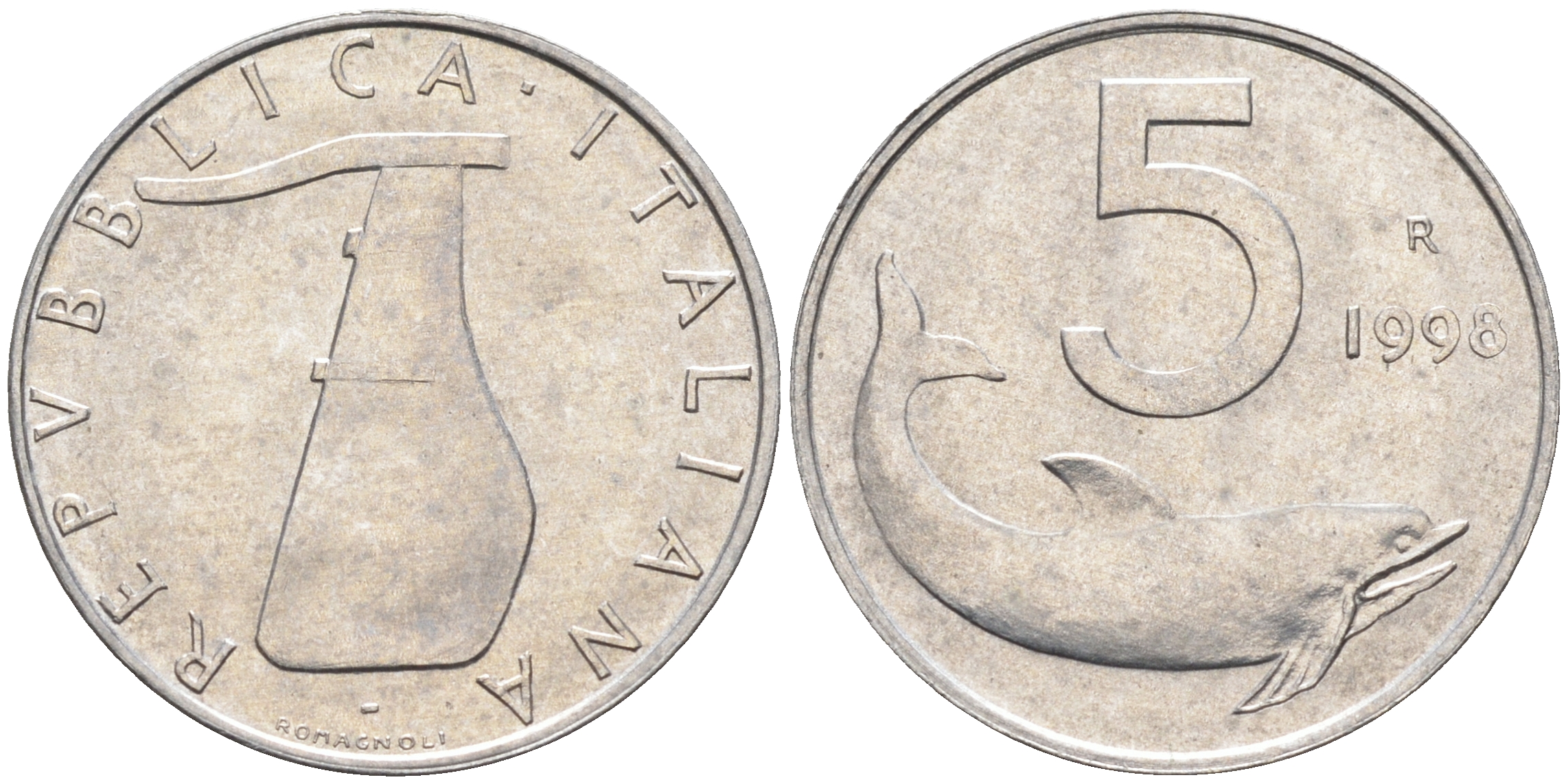 Италия 5 лир 1998 R, дельфин KM 92 алюминий  UNC  4594-931
