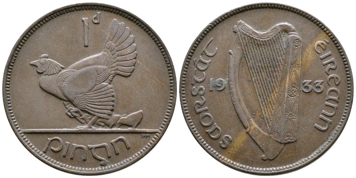 Ирландия 1 пенни 1933 курица с цыплятами KM 3 бронза 08-812