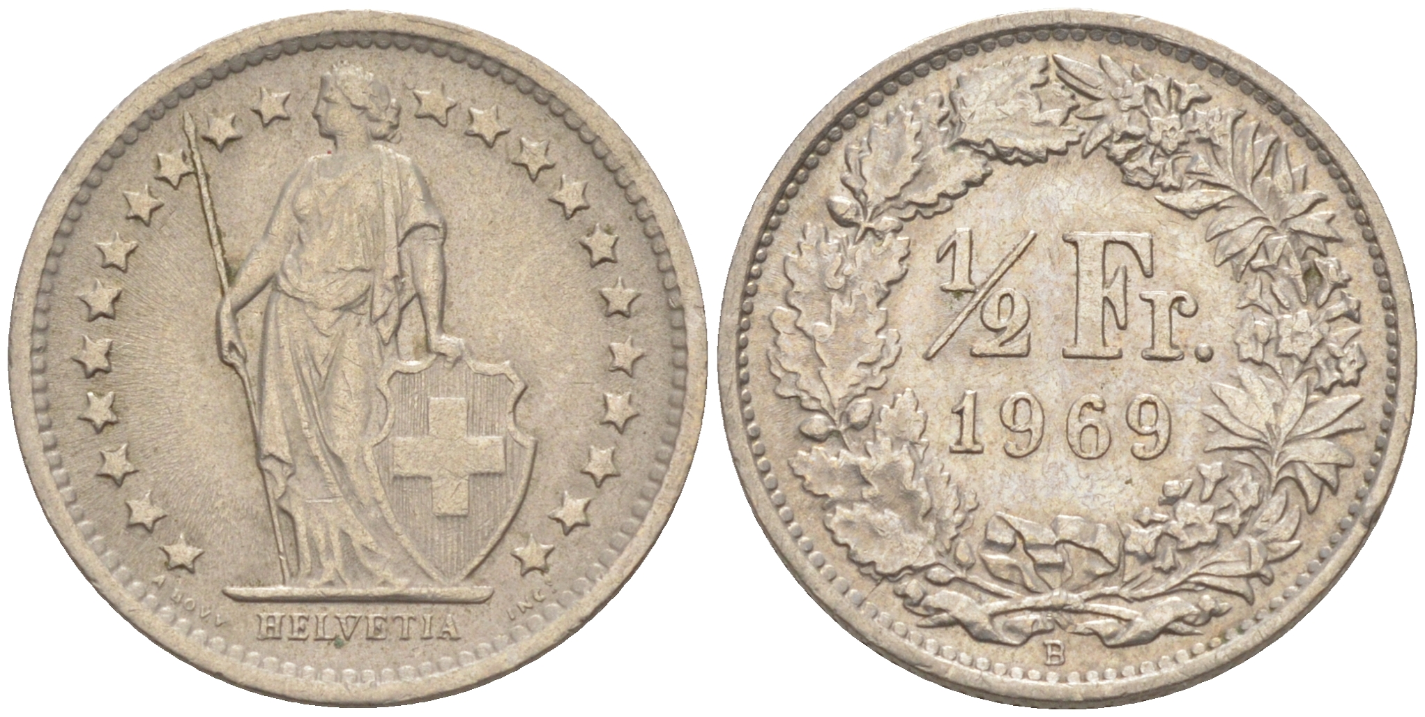 Швейцария 1/2 франка 1969 В KM 23а.1 медно-никель 188-1045
