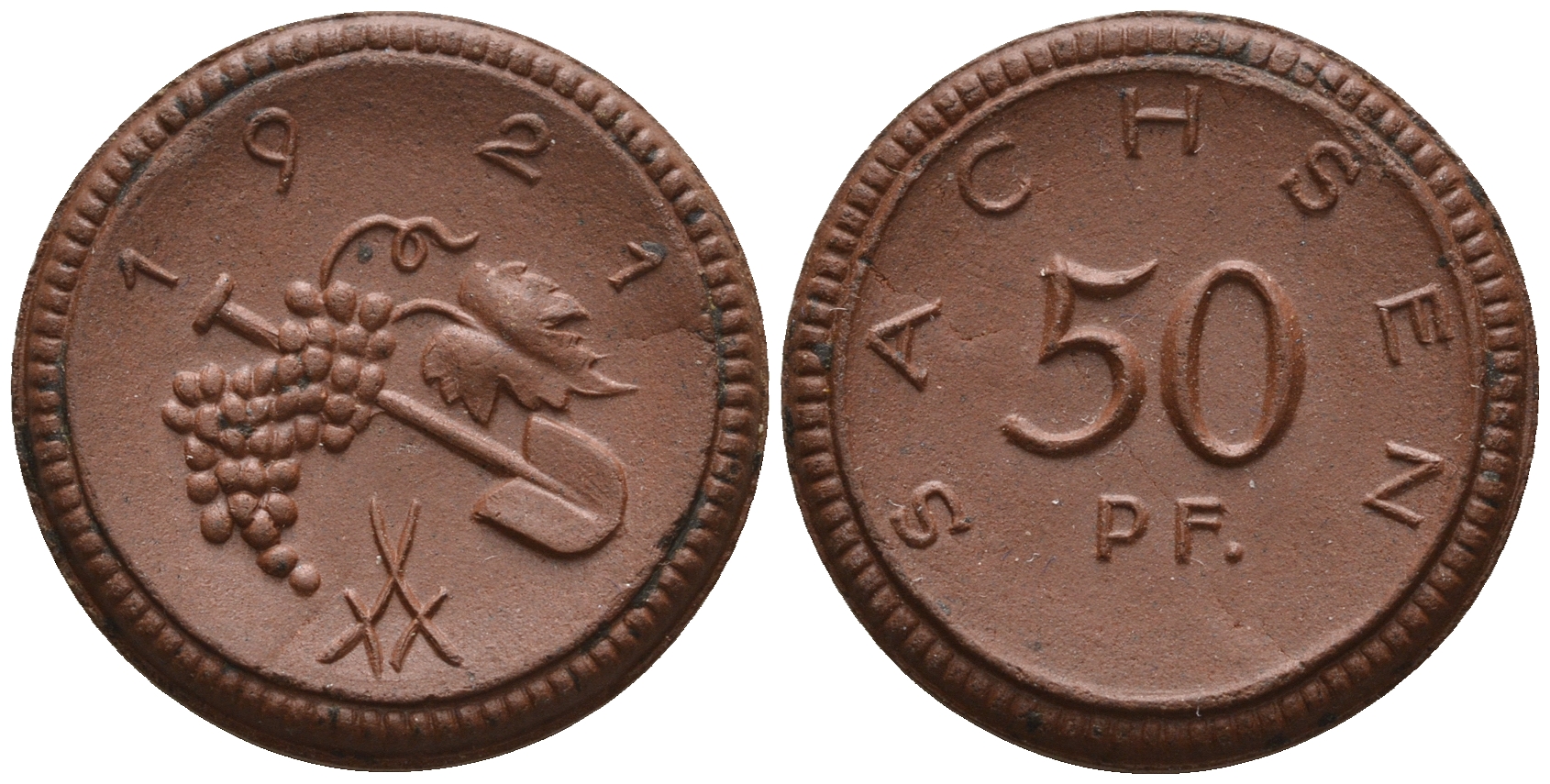 Саксония 50 пфеннигов 1921 виноград и лопата J. N 54 фарфор UNC 1094-8-53