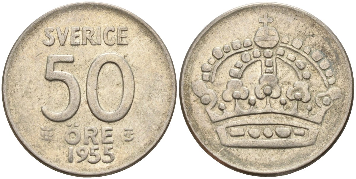 Швеция 50 эре 1955 TS, Густав VI Адольф (1950-1973) KM 825 серебро 4148-934