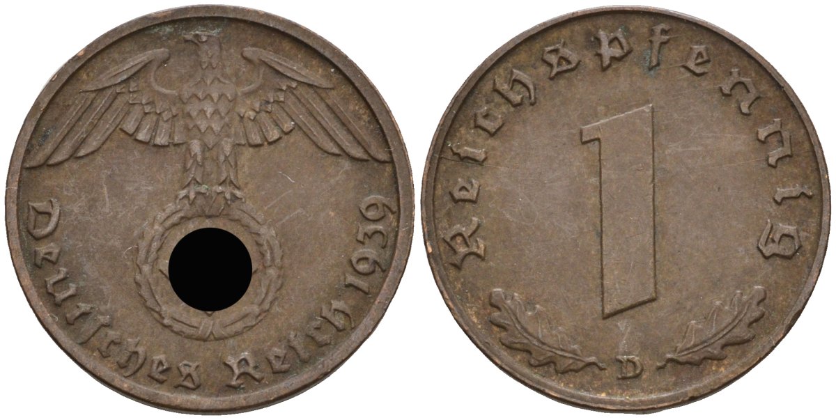 Германия 1 рейхспфенниг 1939 D KM 89, J 361 бронза 4136-1148