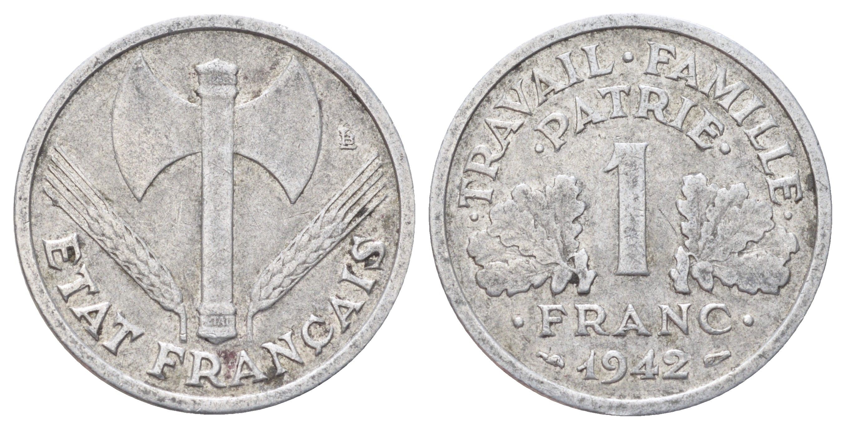 Франция 1 франк 1942 LB, тип Lourde, правительство Виши KM 902.1, Le Franc 222.2 алюминий 4700-1023