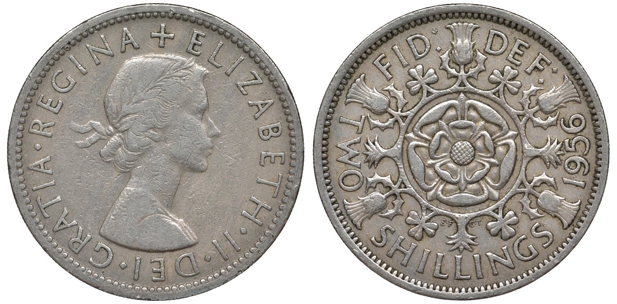 Великобритания 2 шиллинга (флорин) 1956 Елизавета II (1952-2022) KM 906, Spink 4146 медно-никель 4123-922
