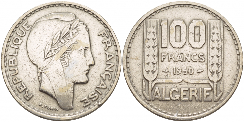 Алжир, Французский 100 франков 1950 KM 93 медно-никель 51-1422