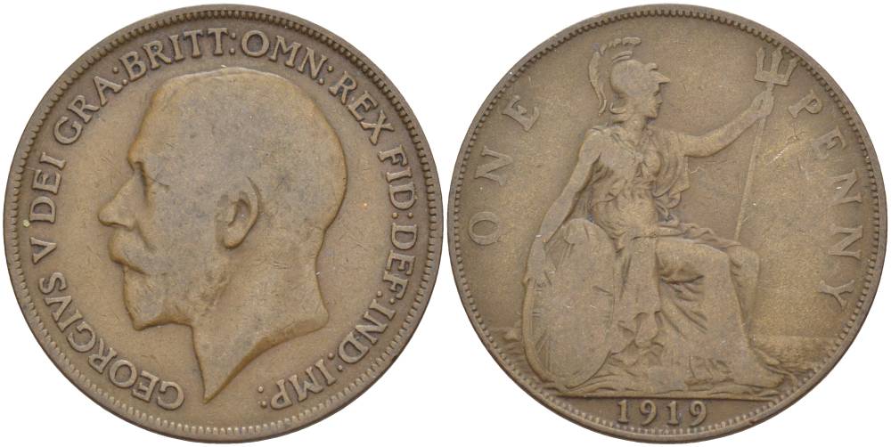 Великобритания 1 пенни 1919 Георг V (1910-1936) KM 810, Spink 4051 бронза 4183-1224