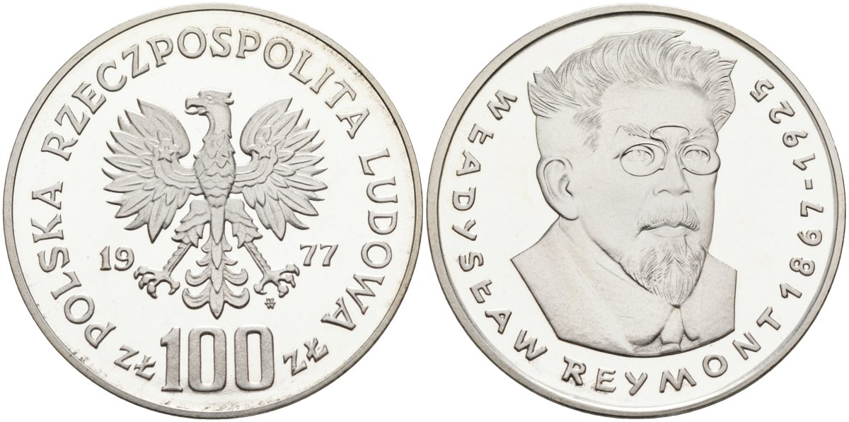 Польша 100 злотых 1977 MW, Владислав Реймонт (1867-1925) KM 89, Parchimowicz 278 серебро PROOF 00-00