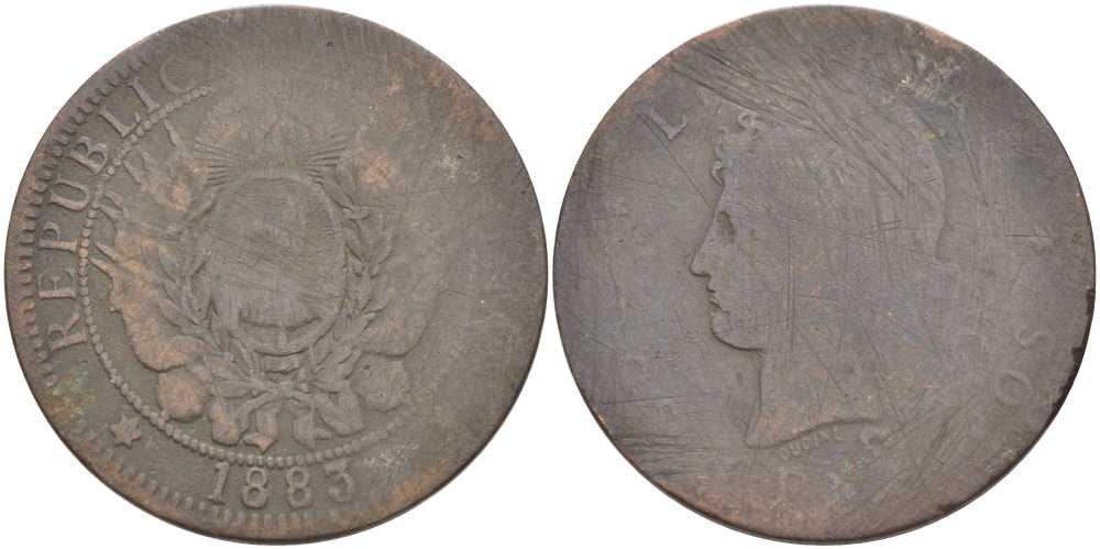 Аргентина 2 сентаво 1883 голова свободы влево KM 8 бронза 111-1026