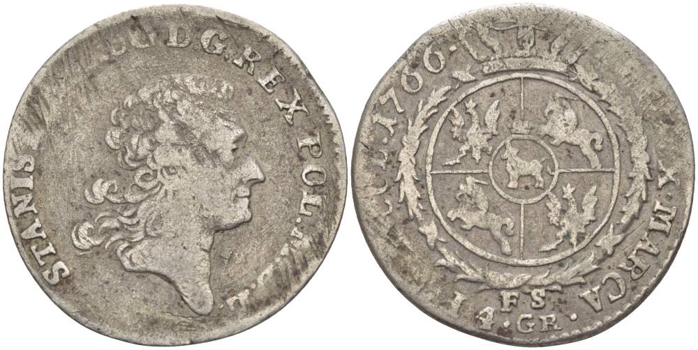 Польша 4 гроша (1 злотый) 1766 FS, Станислав II Август Понятовский (1764-1794), вес 4,98 гр. KM 185 (С50.1), Gumowski 2372, Kopinski 405.1 серебро 1517-425), Gumowski 2372, Kopinski 405.1 серебро 1517-425
