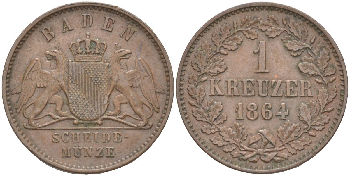 Баден 1 крейцер 1864 Великий Герцог Фридрих I (1856-1907) KM 242, ASK 132, J.81 медь 4388-411