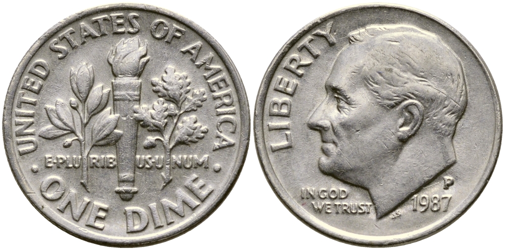 США 10 ЦЕНТОВ = 1 ДАЙМ 1987 P, РУЗВЕЛЬТ KM 195а медь плакированная медно-никелем 46-2427