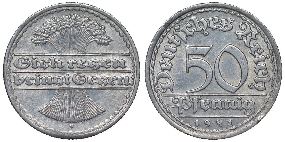 Германия 50 пфеннигов 1921 F KM 27, J. 301, Weege 10 алюминий 4121-1141