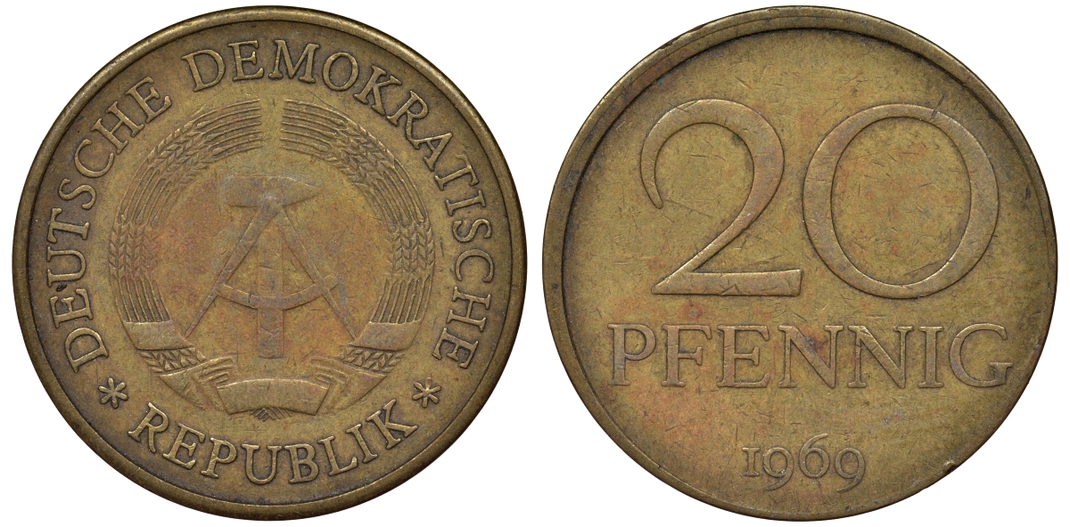 ГДР 20 пфеннигов 1969 А, первый год KM 11 латунь 62-935