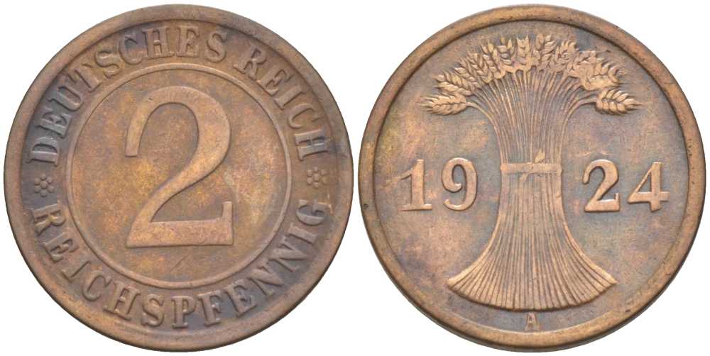 ГЕРМАНИЯ 2 РЕЙХСПФЕННИГA 1924 A KM 38, J. 314, Weege 4 бронза 206-855