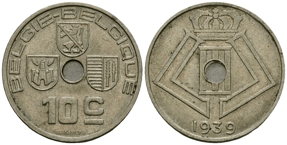 Бельгия 10 сантимов 1939 Belgie - Belgique KM 113 никель латунь 4121-637